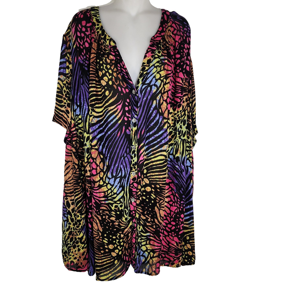 Roaman’s Tunic Top Size 42W Angelina Button Crinkled Rayon Crepe Mixed Animal